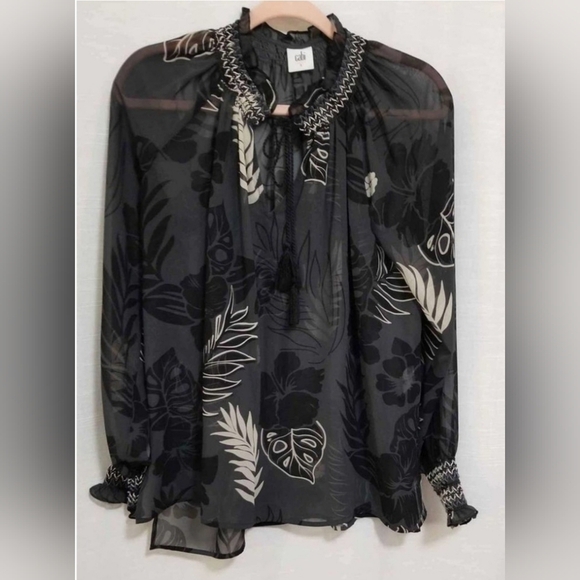 CAbi Aloha Blouse Style Semi Sheer Black Print Long Sleeve Smocking Size M - Picture 2 of 9